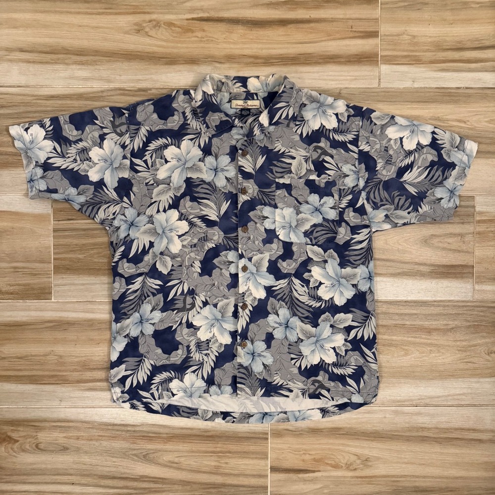 Tommy Bahama Mens Large Silk Floral Hibiscus Hawaiian Camp Shirt Blue